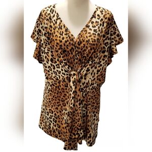 Animal Print Tie Front V-Neck Blouse Women's Size 1X - 2X